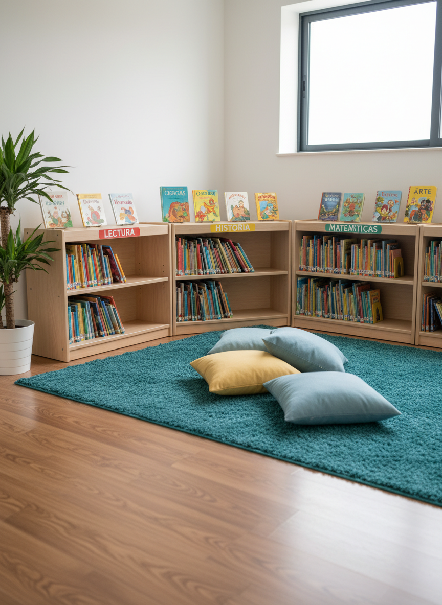 An inviting reading corner for primary students, featuring a semicircle of low, open bookshelves in light birch wood, organized by colorful, clearly printed subject labels in Spanish. In front, a thick, soft, teal rug lies on a polished laminate floor, with a few large, square cushions in muted yellows and blues neatly arranged. A tall indoor plant in a simple white pot adds a touch of nature by the corner. Diffused daylight filters through a high side window, creating a serene, focused atmosphere. Captured in photographic realism from a slightly elevated angle, using the rule of thirds and gentle depth of field to keep the entire space crisp, conveying a professional yet warm learning environment without any people visible.