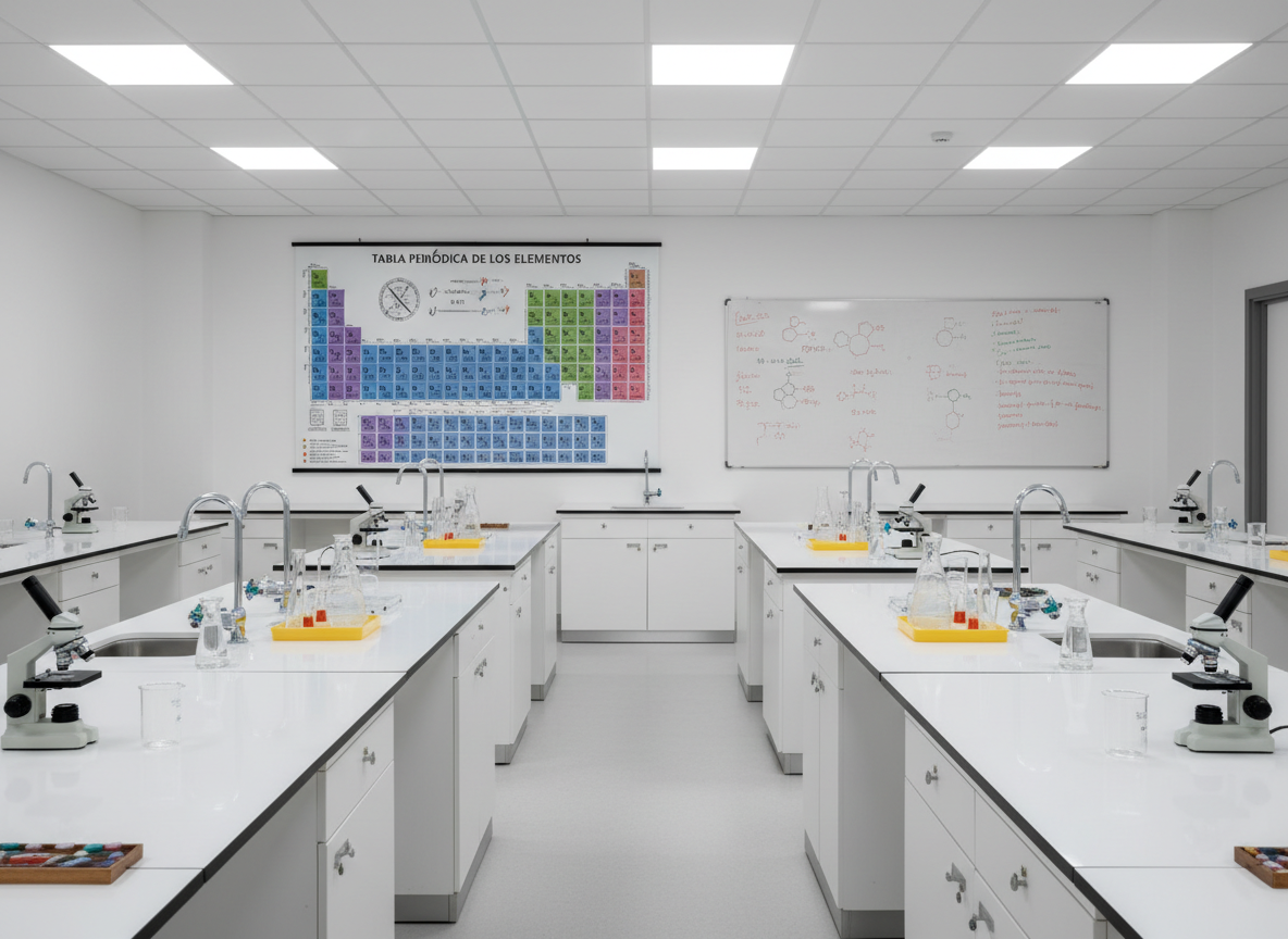 A well-organized science lab for secundaria, with spotless white lab tables arranged in rows, each equipped with neatly aligned glass beakers, microscopes, and labeled specimen trays. The far wall features a large, colorful periodic table in Spanish beside a clean whiteboard filled with neatly written formulas and diagrams. Overhead LED panels cast bright, even lighting across the room, creating soft reflections on the polished surfaces and stainless-steel fixtures. The mood is focused, modern, and professional, emphasizing rigorous yet accessible alternative education. Photographic realism at eye level, with a slightly wide composition that captures depth and symmetry, showcasing a state-of-the-art learning environment without any human presence.