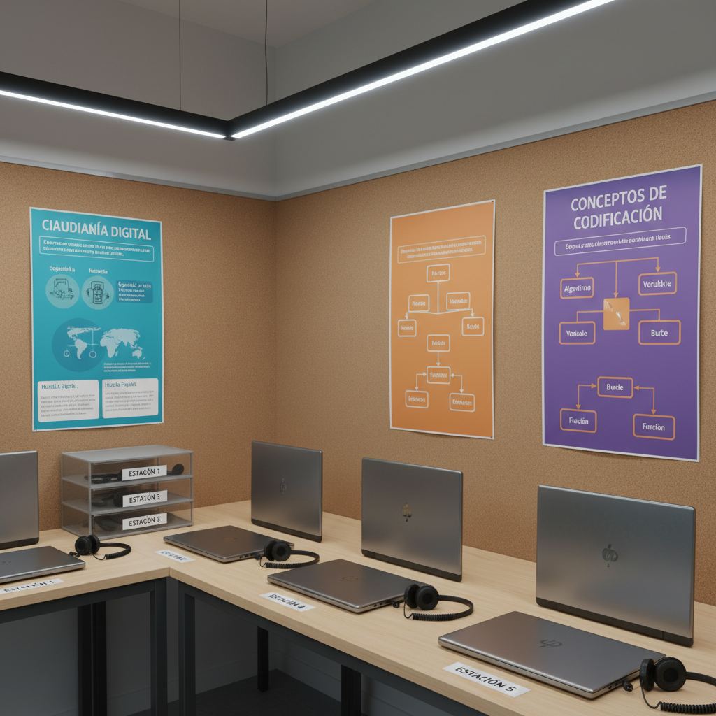A technology corner in a secondary classroom, with a row of slim, modern laptops closed and aligned on a long, light-wood table, each paired with a neatly coiled headset and labeled organizer tray. The backdrop features a cork wall with carefully arranged infographics about digital citizenship and coding concepts in Spanish, printed in clear, professional typography. Cool, even LED lighting from above creates minimal shadows and subtle reflections on the brushed metal laptop surfaces. The atmosphere is focused, contemporary, and academically serious. Captured in photographic realism from a side perspective at desk height, with a moderate depth of field that keeps devices and wall materials in sharp focus, emphasizing a structured, tech-forward learning environment without any people present.