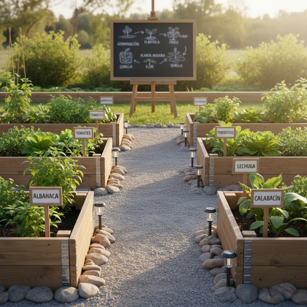 An outdoor learning garden designed for project-based education, with raised wooden planter boxes arranged in orderly rows, each labeled with clear, laminated signs naming herbs and vegetables in Spanish. A narrow gravel path winds between the beds, bordered by smooth stones and small solar-powered markers. In the background, a chalkboard mounted on a weather-resistant easel displays a neatly drawn plant life cycle diagram. Late afternoon natural light casts a warm, golden hue, creating gentle shadows and highlighting the vibrant greens and earthy browns. Photographic realism from a slightly low angle, with strong depth of field capturing both near and distant details. The atmosphere is peaceful, inspiring, and academically focused, with no humans present.