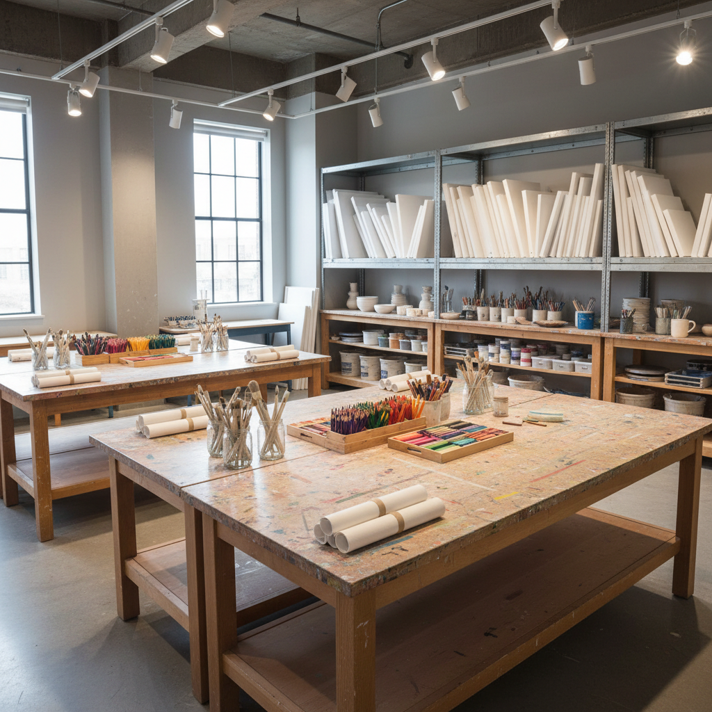 A dedicated art studio for secundaria students, featuring large wooden tables splattered with faint, colorful paint marks yet meticulously organized with clean glass jars of brushes, neatly rolled drawing papers, and trays of sorted colored pencils and pastels. Along the wall, a metal drying rack holds blank canvases, while sturdy shelves display clay tools and glazes. Bright overhead track lighting combines with soft natural window light, illuminating textures and colors without harsh shadows. The room feels creative yet disciplined, reflecting a professional alternative education approach. Photographic realism, shot from a diagonal corner angle to emphasize depth and space, with sharp focus and a balanced composition, ensuring a clean, modern look and absolutely no people visible.