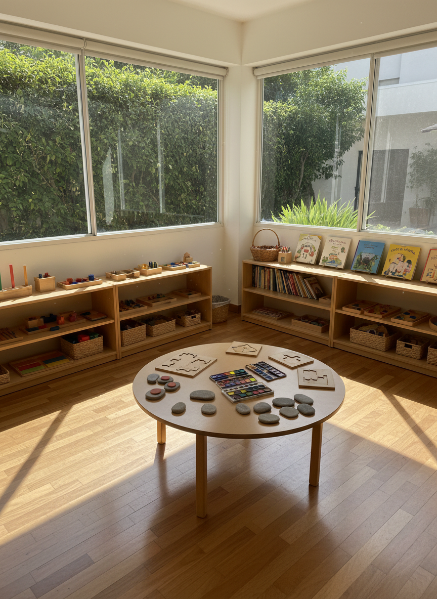 A sunlit classroom prepared for alternative education, with low wooden shelves filled with colorful learning materials, natural fiber baskets, and neatly stacked bilingual storybooks. In the center, a round child-height table holds wooden puzzles, watercolor paints, and smooth river stones arranged in patterns. Large windows reveal a lush garden outside, letting in soft morning light that casts gentle shadows across the warm hardwood floor. The mood is calm, welcoming, and professional, emphasizing order and creativity. Photographic realism at eye-level with a slight wide-angle view, sharp focus throughout, and a clean, modern aesthetic that highlights an environment designed for exploration from maternal to secundaria levels without any people present.