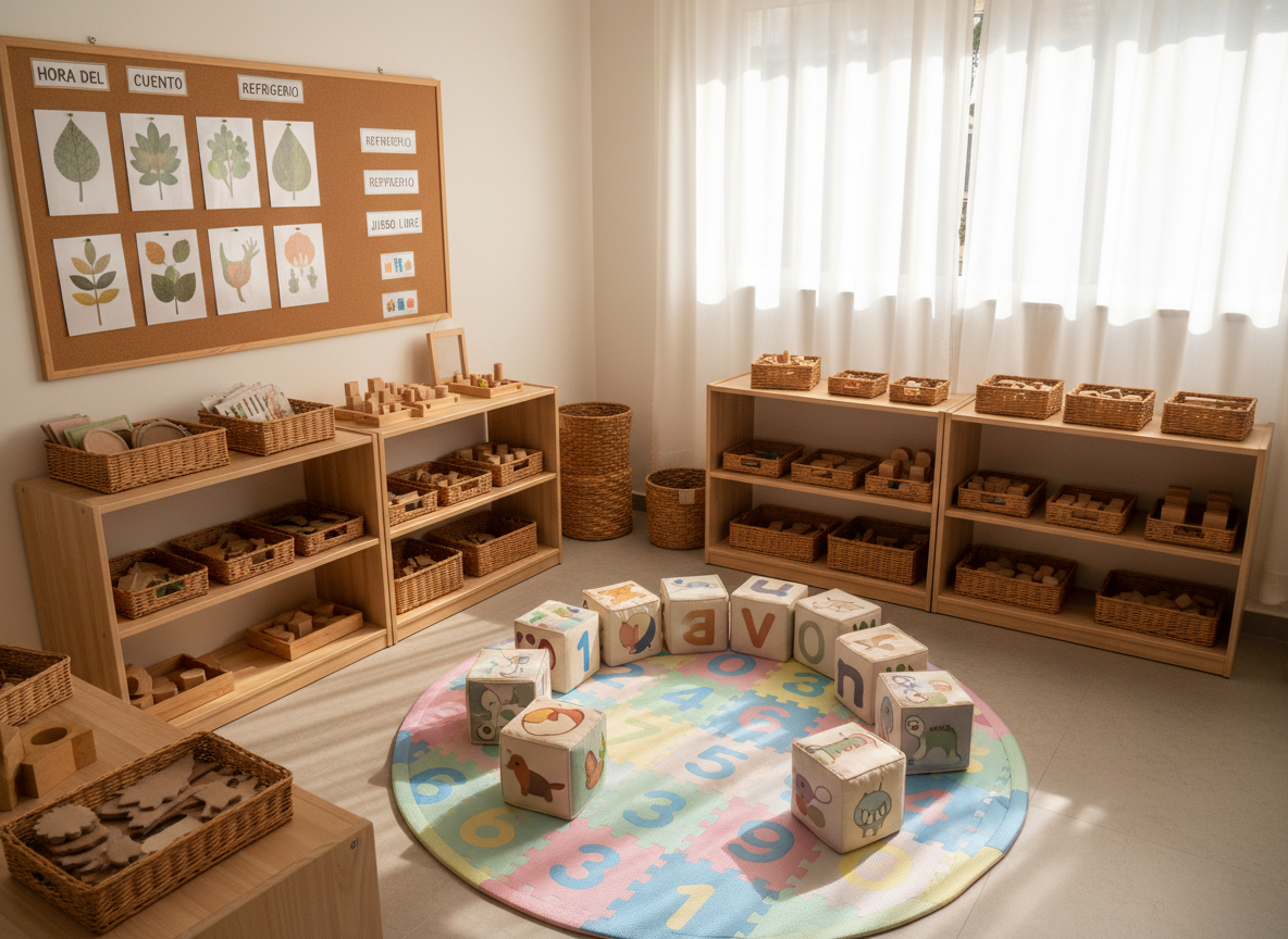 A nurturing maternal classroom environment, centered on a low, circular play area defined by a soft, pastel-colored foam mat with interlocking pieces forming numbers and letters. Around the mat, open wooden shelves hold carefully arranged tactile materials: wicker baskets of felt shapes, smooth wooden blocks, and large fabric-covered story cubes with simple illustrations. A large corkboard on the wall displays neatly pinned, nature-themed flashcards and simple visual schedules in Spanish. Warm afternoon sunlight streams through sheer curtains, creating a gentle, cozy glow. The mood is tender, safe, and professionally curated. Photographic realism from a slightly elevated, wide-angle perspective, with sharp clarity throughout and a clean, organized aesthetic, with no people included.
