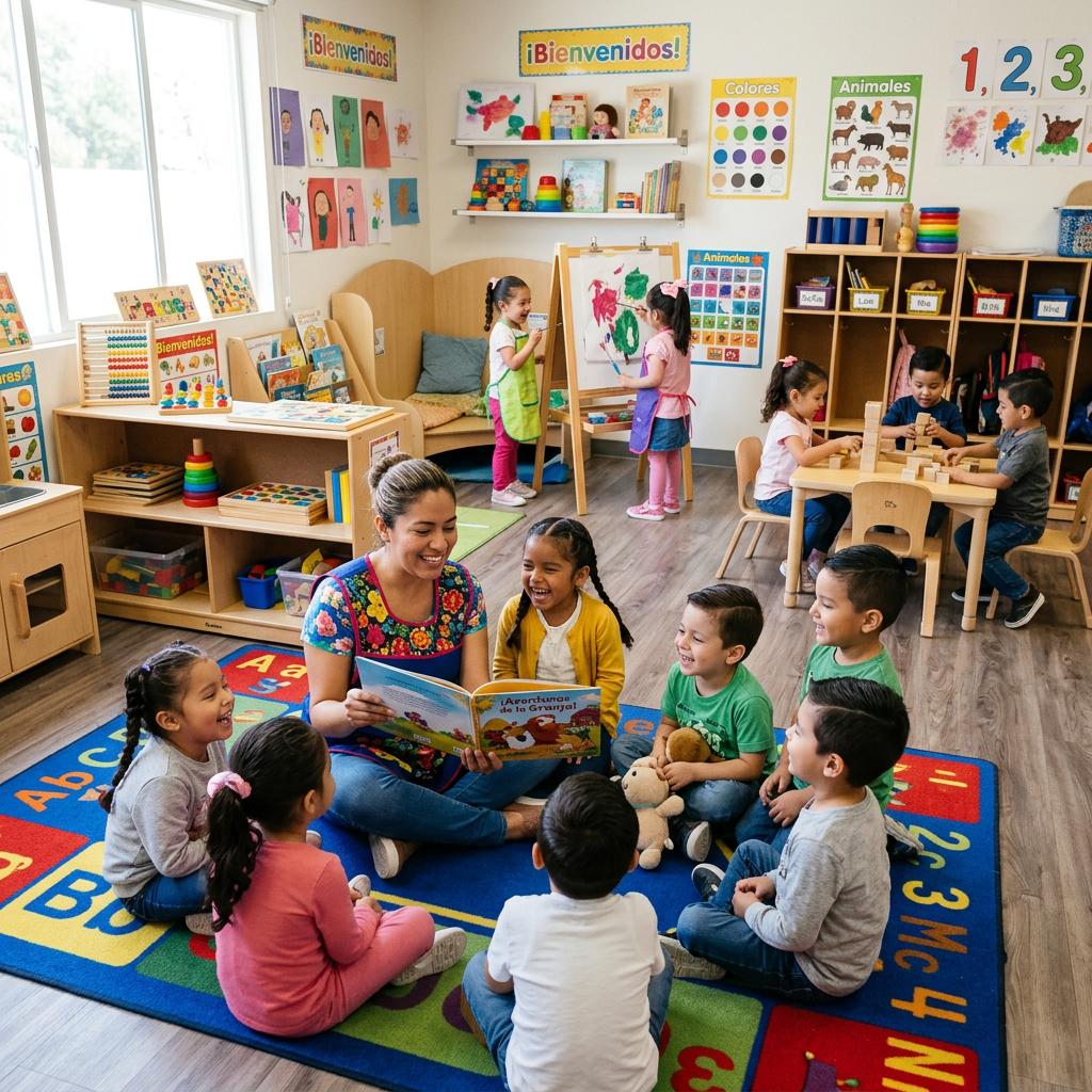 Teacher reading a book to children seated on a colorful alphabet rug in a classroom