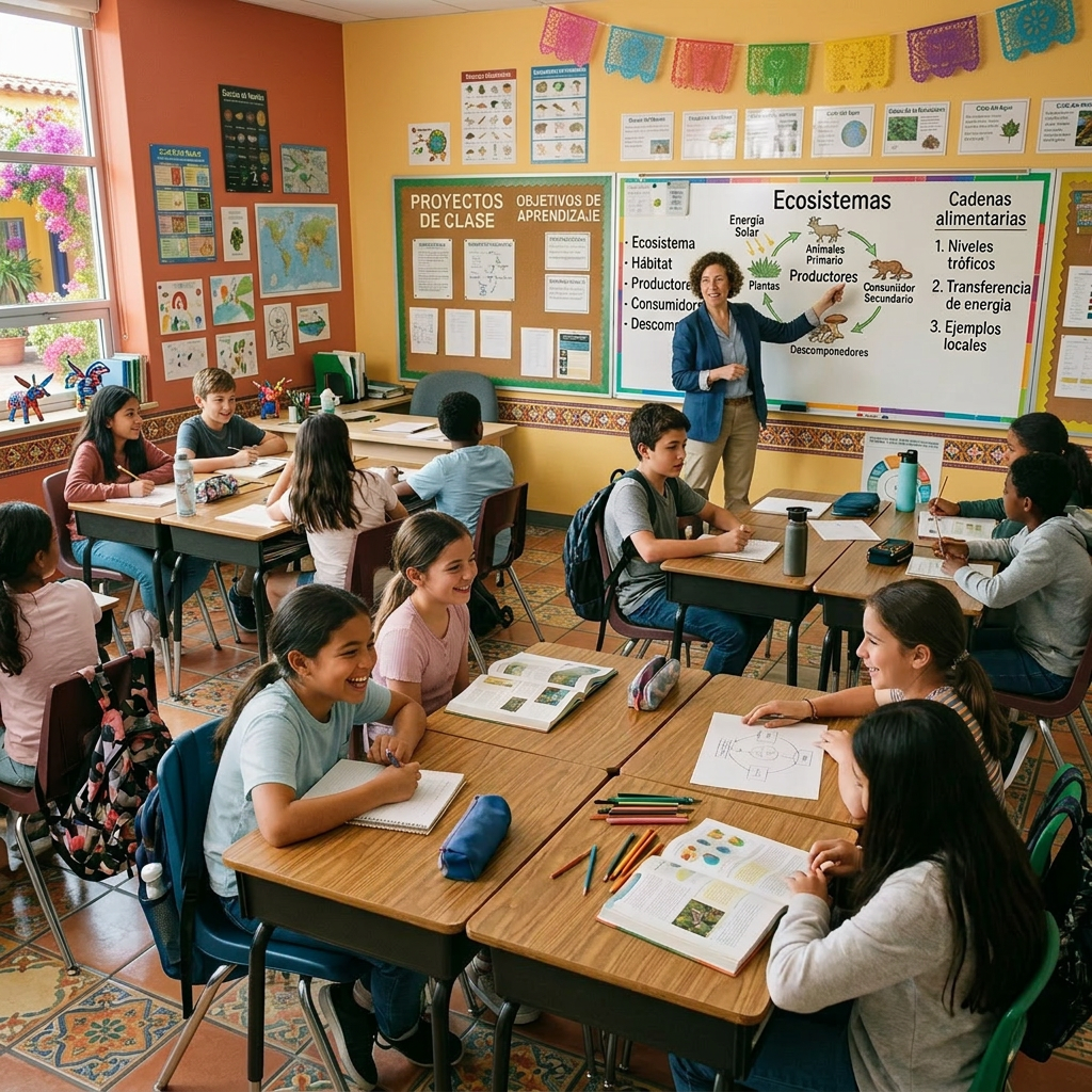 Teacher illustrating ecosystems on a whiteboard while students listen and take notes