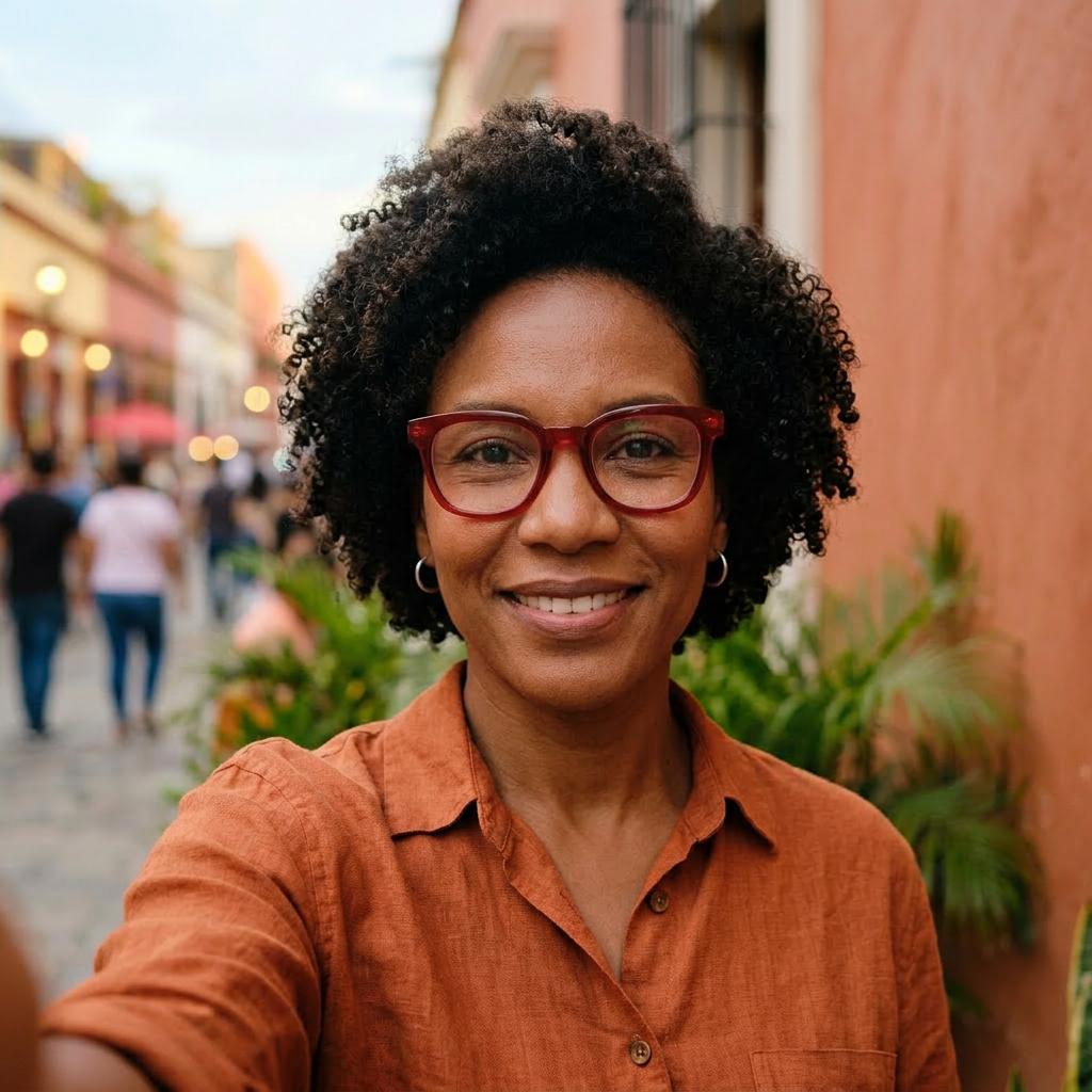 Face camera directly, casual selfie style