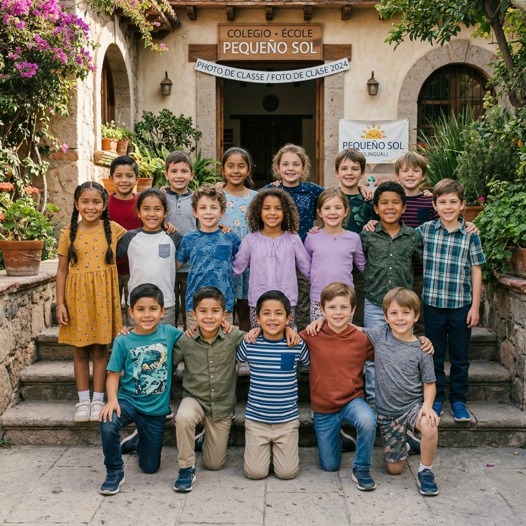 Mexican and French children school photo Pequeño Sol shirts