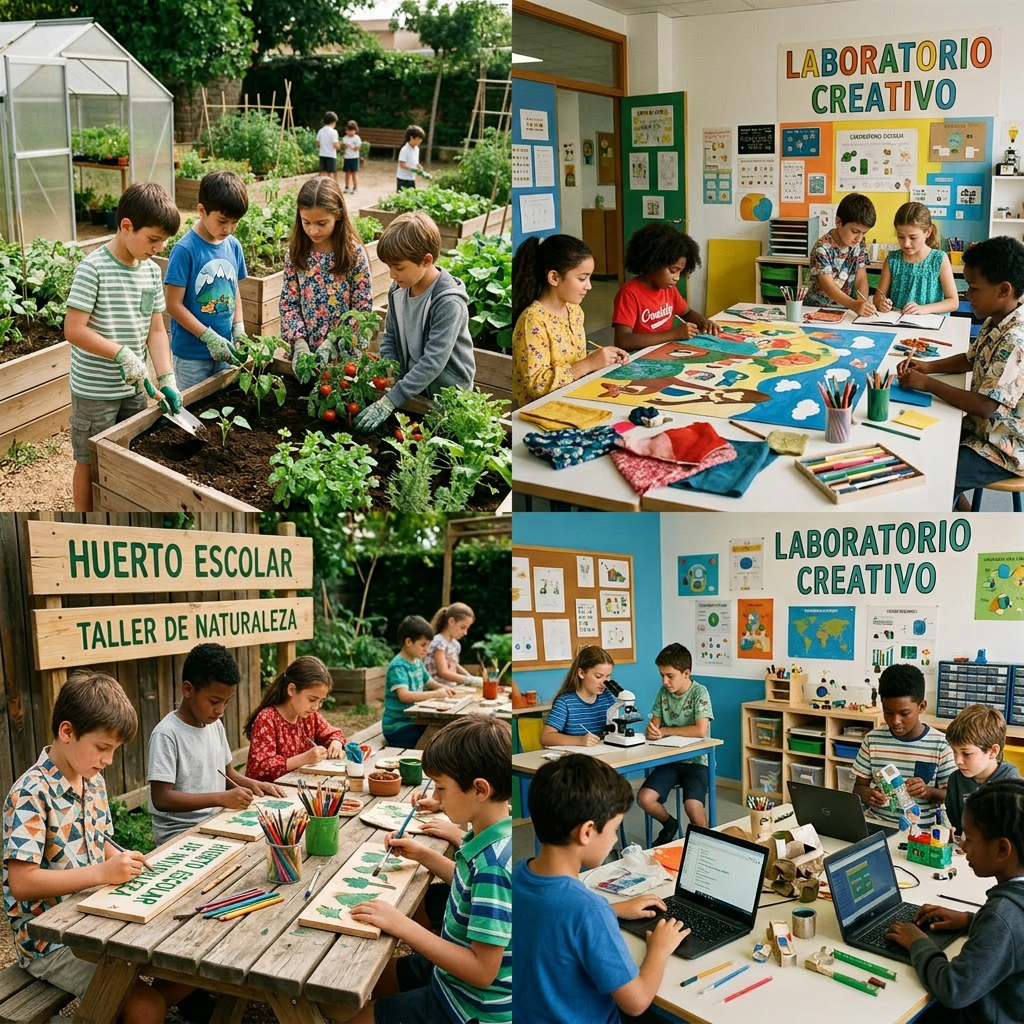 Children working in a school garden and creative lab with plants, art projects, and laptops