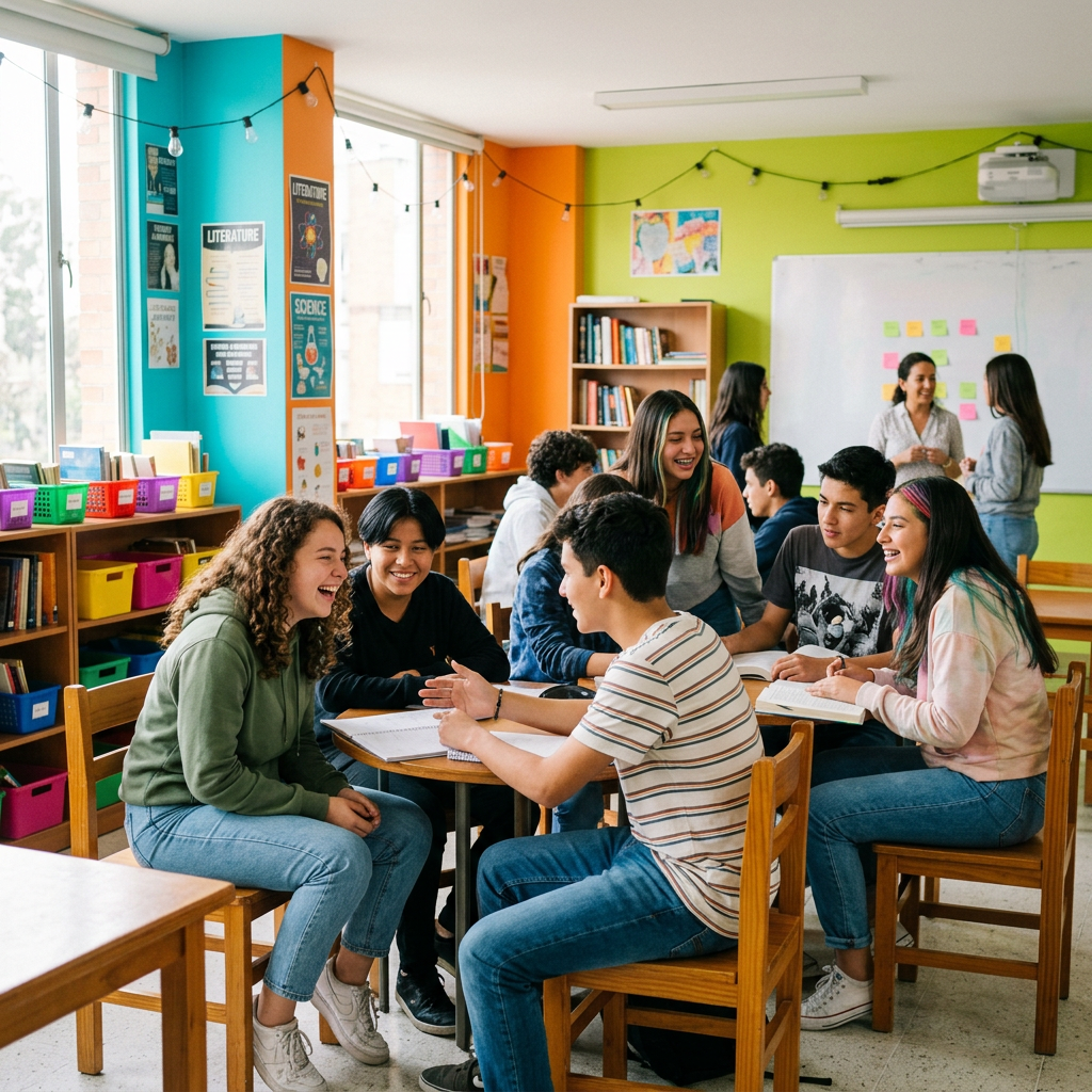 Group of students sitting around tables in classroom talking and laughing